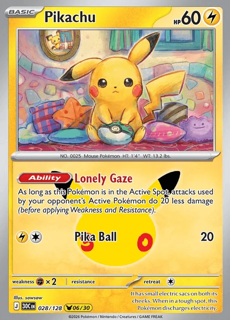 Pikachu, 30C 028/128, Rara Ilustração