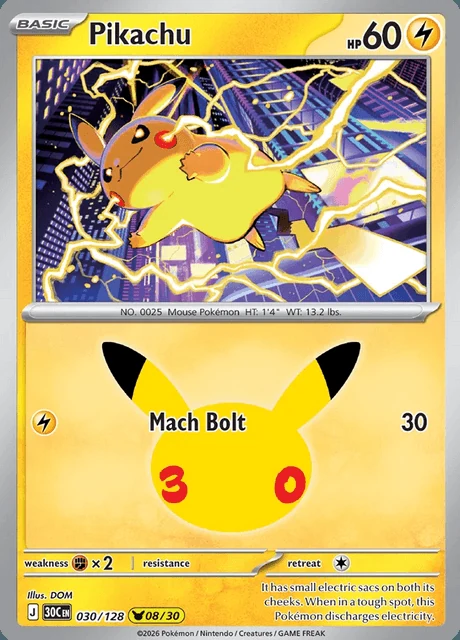 Pikachu, 30C 030/128, Rara Ilustração