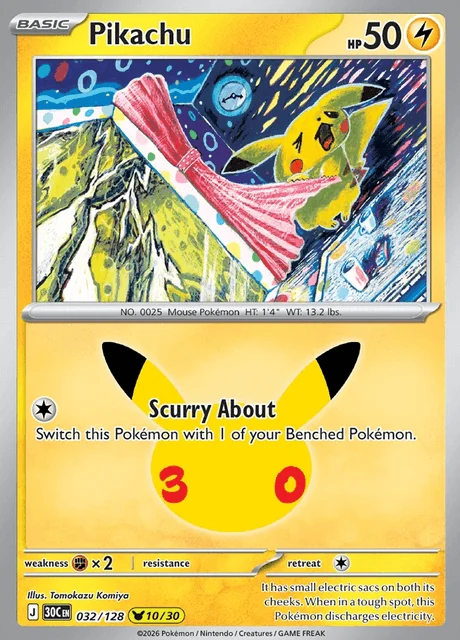 Pikachu, 30C 032/128, Rara Ilustração