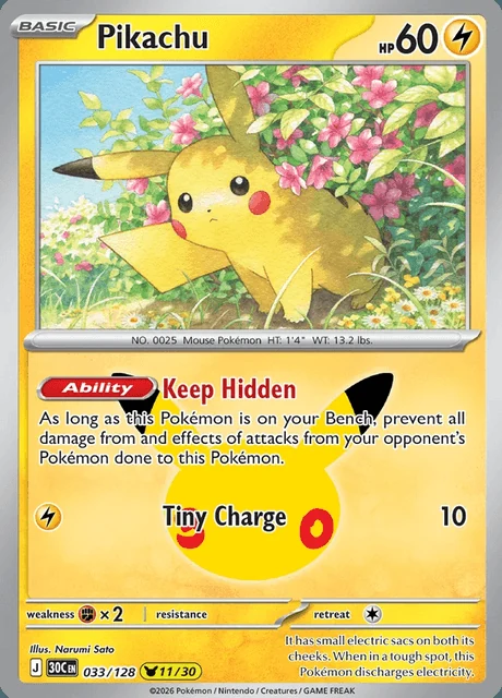 Pikachu, 30C 033/128, Rara Ilustração