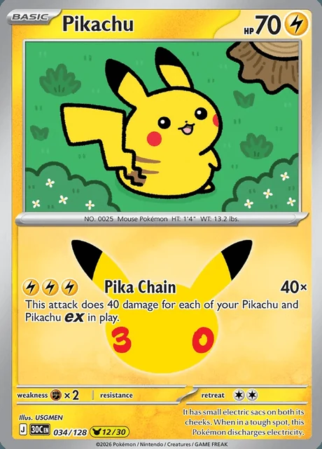 Pikachu, 30C 034/128, Rara Ilustração