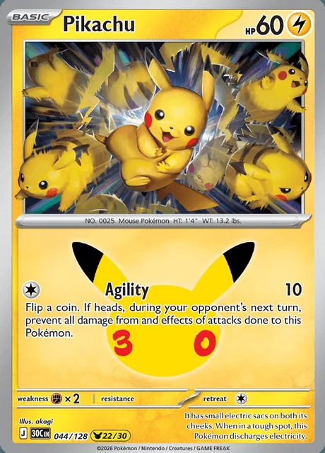 Pikachu, 30C 044/128, Rara Ilustração